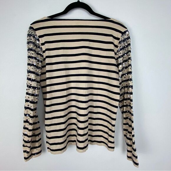 J Crew Cream & Black Striped Sequined Top Coastal Grandma Nautical Preppy Small - Picture 2 of 12